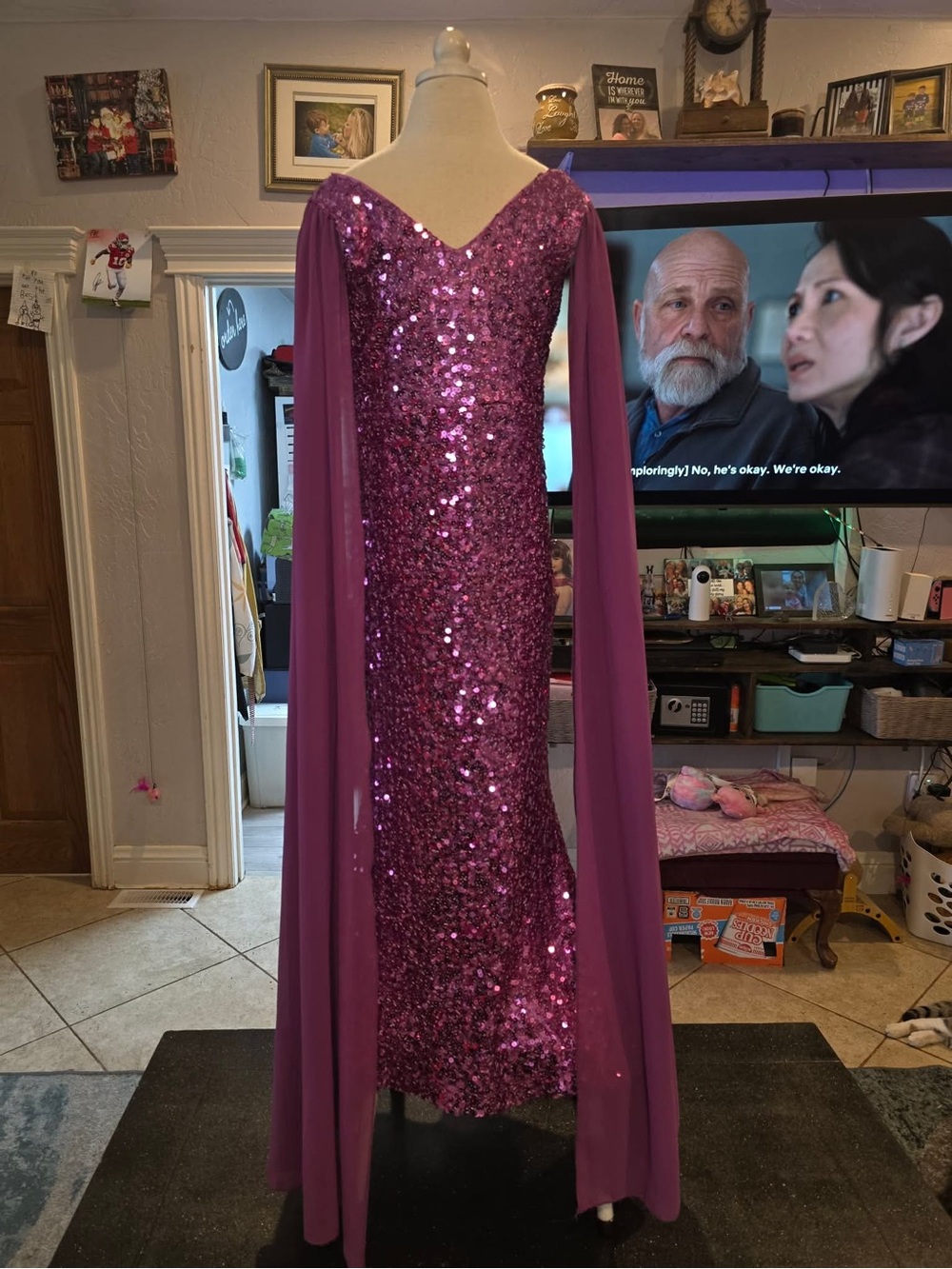 Sequin Gala Evening Dress with Draped Cape - Magenta